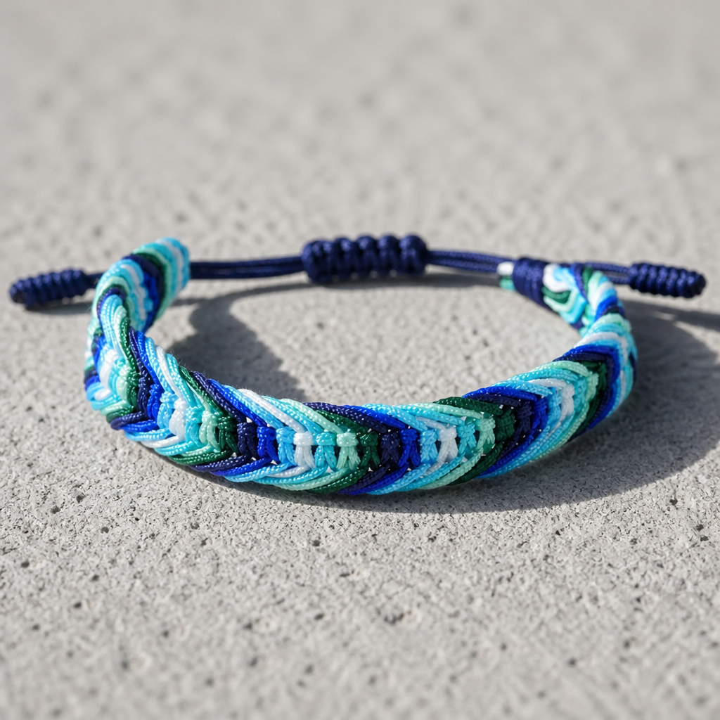 MLM Pride woven cord bracelet featuring blue teal green and white Men Loving Men pride colors with adjustable closure on a cement surface