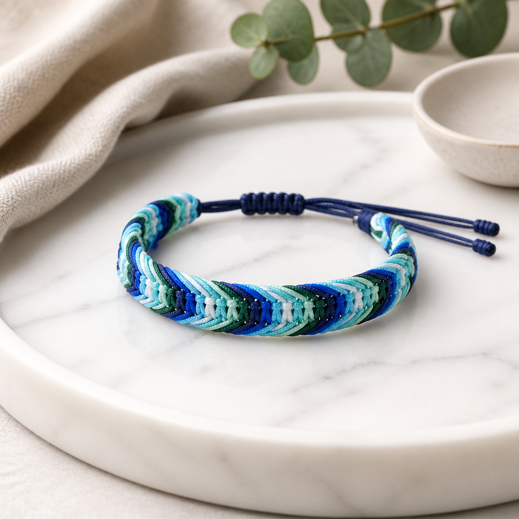 MLM Pride woven cord bracelet featuring blue teal green and white Men Loving Men pride colors with adjustable closure on a marble surface