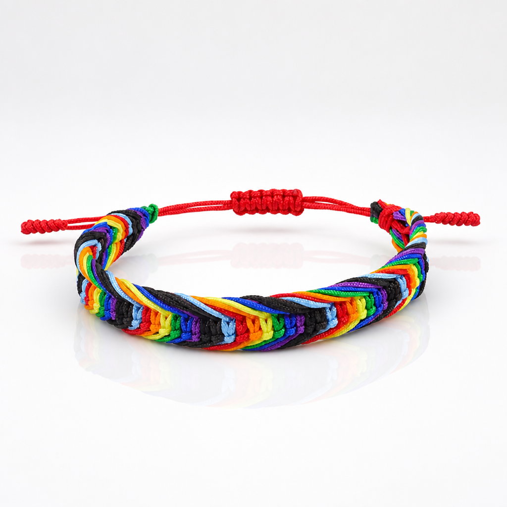 Rainbow Pride woven cord bracelet with adjustable closure and colorful braided rainbow design