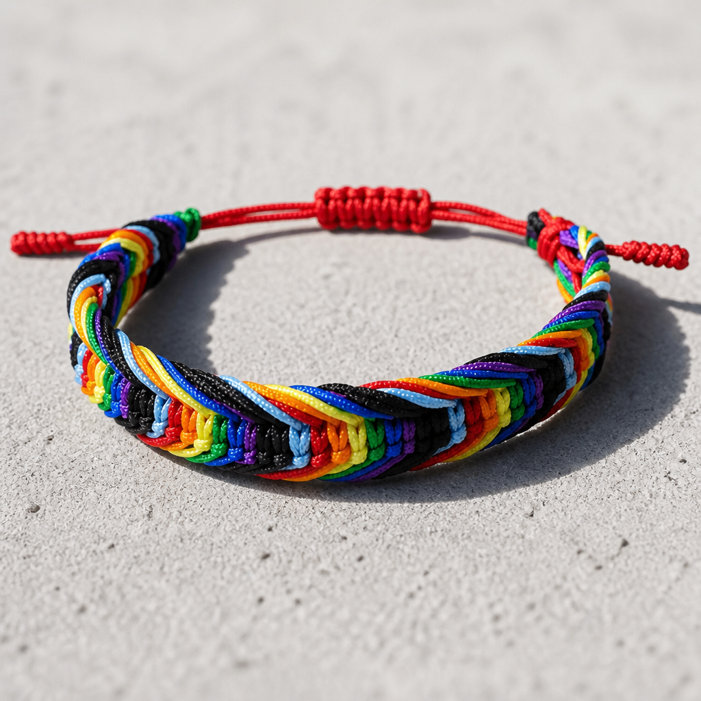 Rainbow Pride woven cord bracelet with adjustable closure and colorful braided rainbow design on a concrete surface