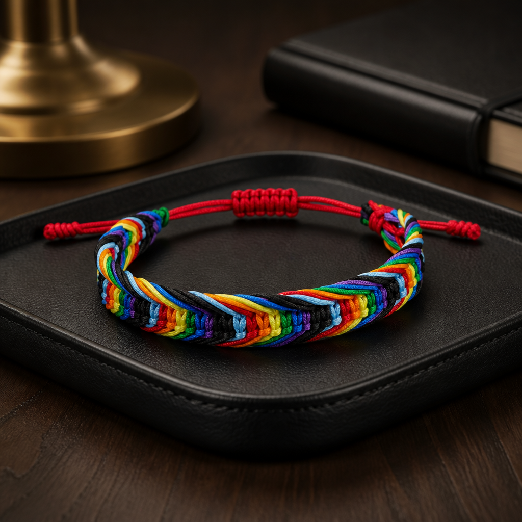 Rainbow Pride woven cord bracelet with adjustable closure and colorful braided rainbow design on a desk