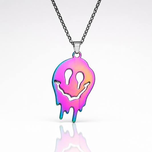 Iridescent rainbow ghost pendant necklace with colorful metallic finish on dark chain
