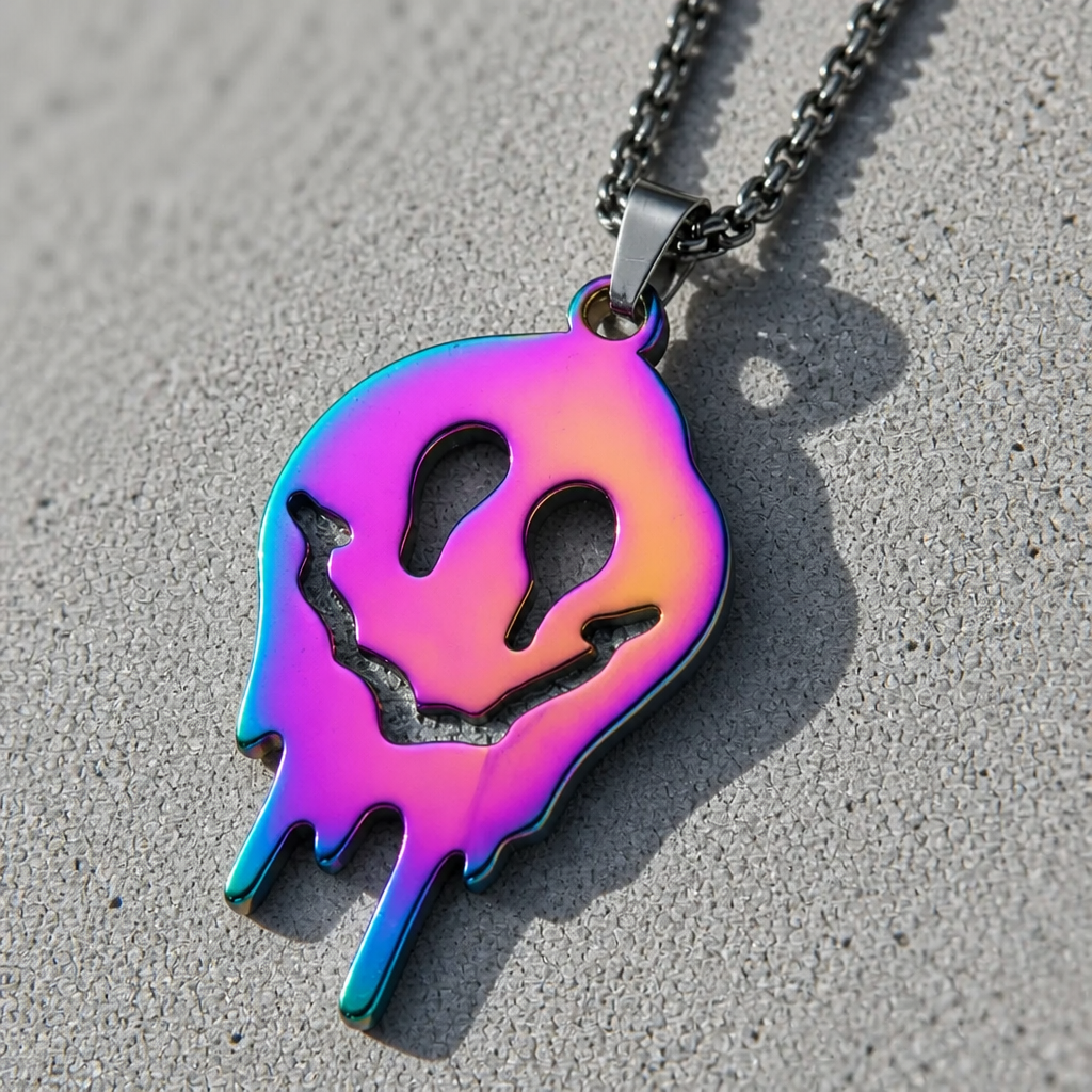 Iridescent rainbow ghost pendant necklace with colorful metallic finish on dark chain on a concrete surface