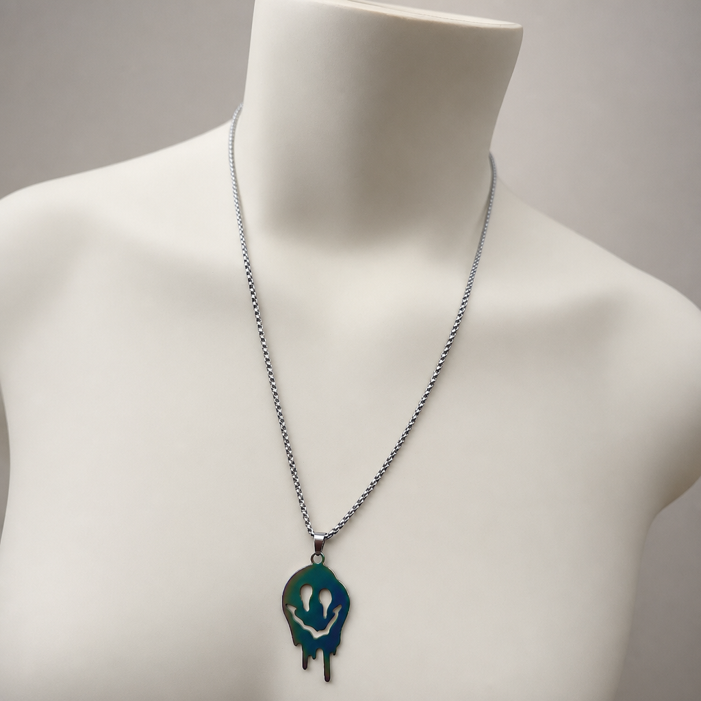 Iridescent Ghost Pendant Necklace displayed on a neutral jewelry mannequin to show necklace size and length