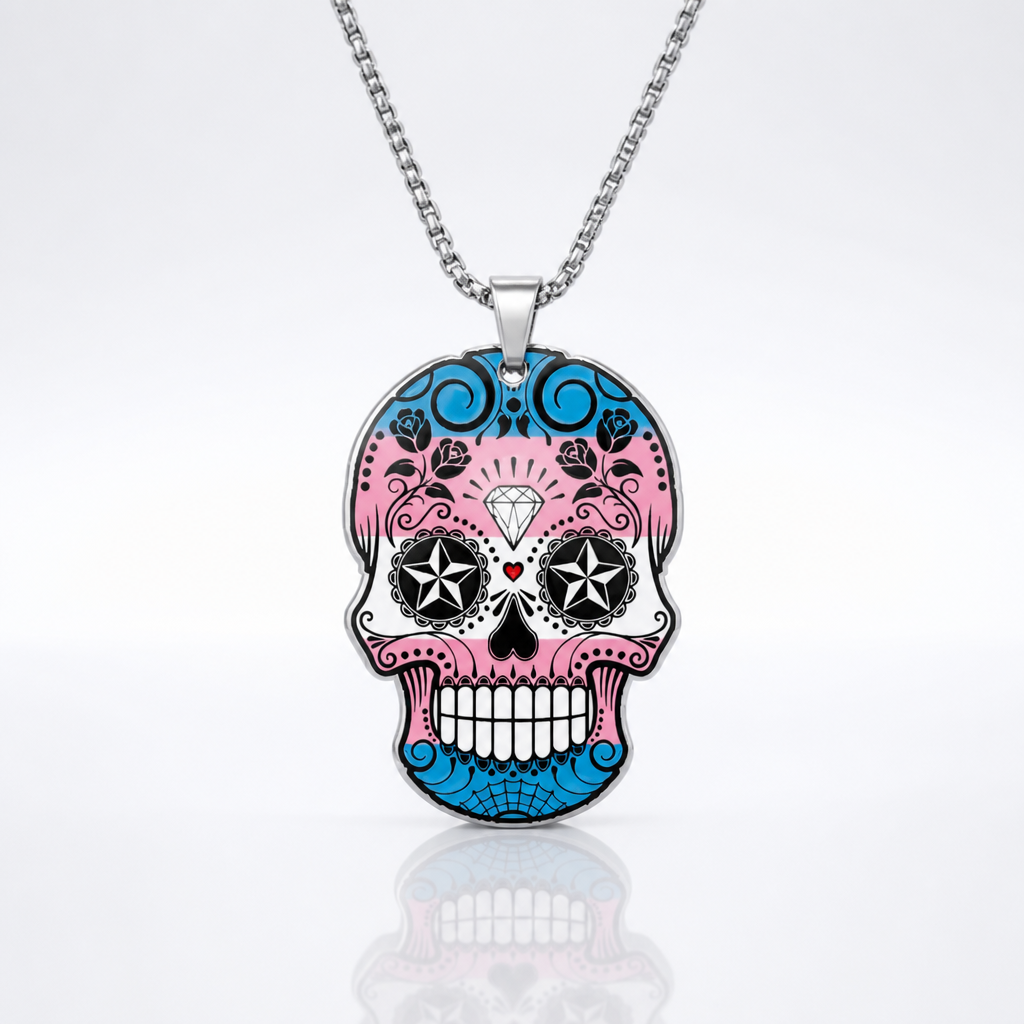 Transgender pride sugar skull pendant necklace with pastel pink blue and white decorative skull design on stainless steel chain