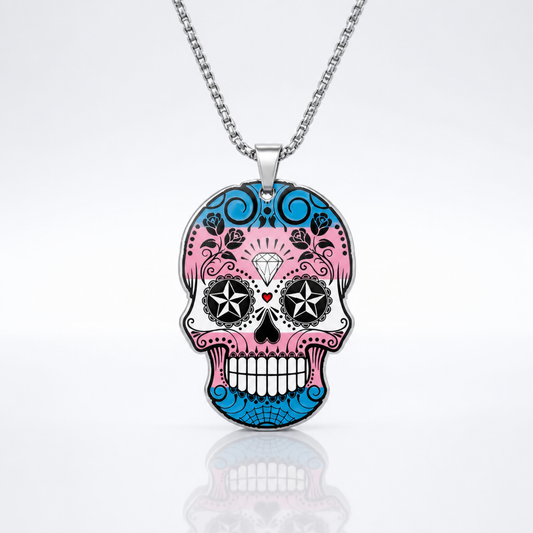 Transgender pride sugar skull pendant necklace with pastel pink blue and white decorative skull design on stainless steel chain