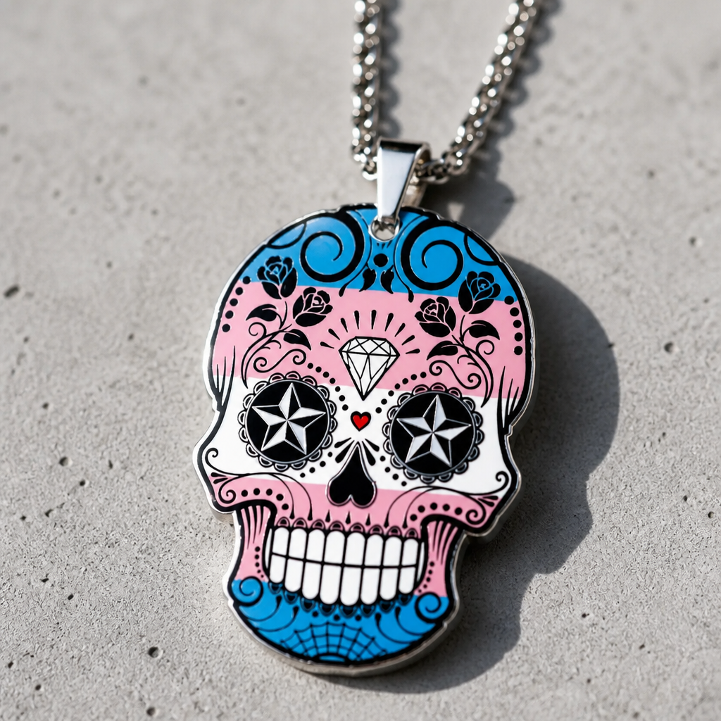 Transgender pride sugar skull pendant necklace with pastel pink blue and white decorative skull design on stainless steel chain on a cement background