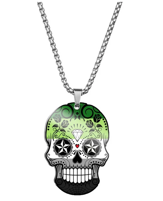 Aromantic pride sugar skull pendant necklace with green white black and gray decorative artwork