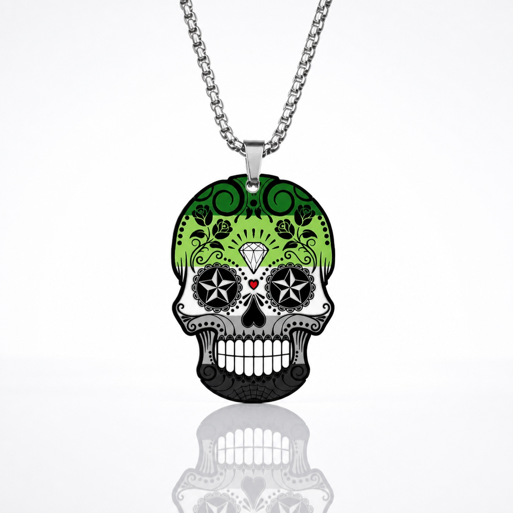 Aromantic pride sugar skull pendant necklace with green white black and gray decorative artwork