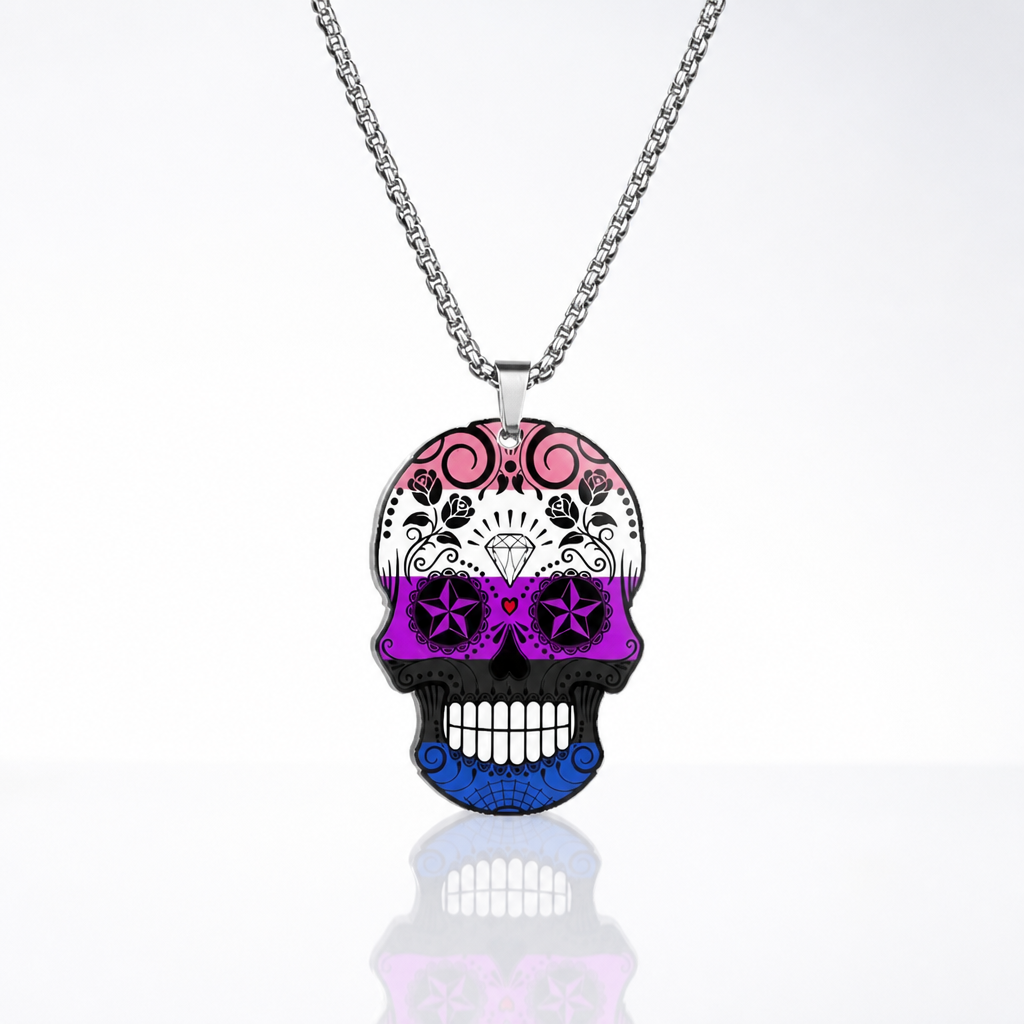 Genderfluid pride sugar skull pendant necklace with pink purple blue and black decorative skull artwork