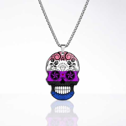 Genderfluid pride sugar skull pendant necklace with pink purple blue and black decorative skull artwork