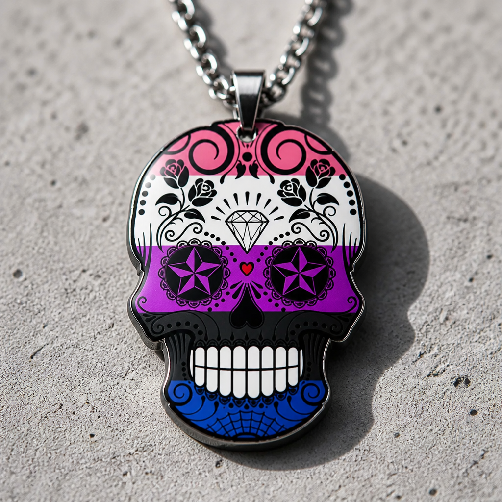 Genderfluid pride sugar skull pendant necklace with pink purple blue and black decorative skull artwork on a concrete background