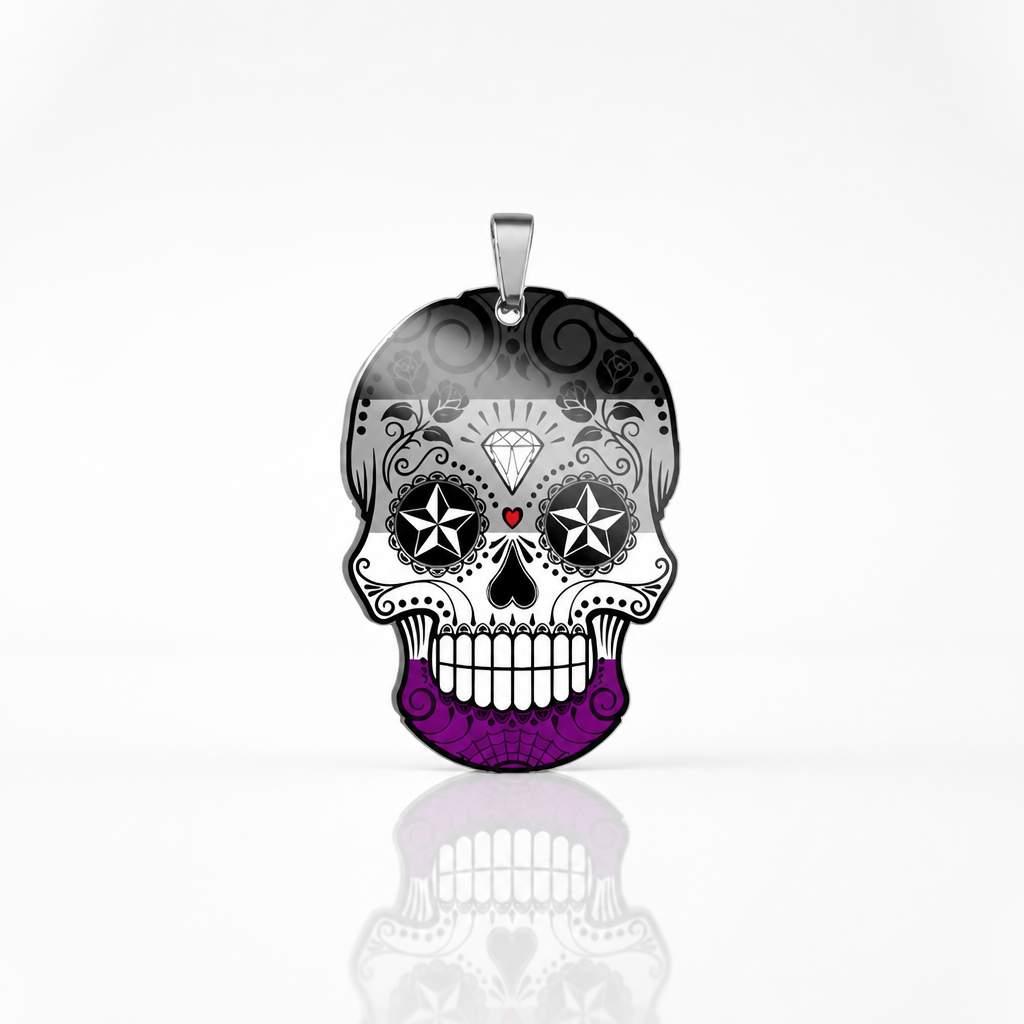 Asexual pride sugar skull pendant necklace with black white gray and purple decorative artwork