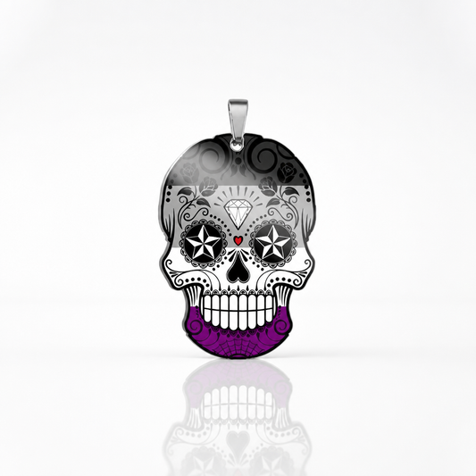 Asexual pride sugar skull pendant necklace with black white gray and purple decorative artwork