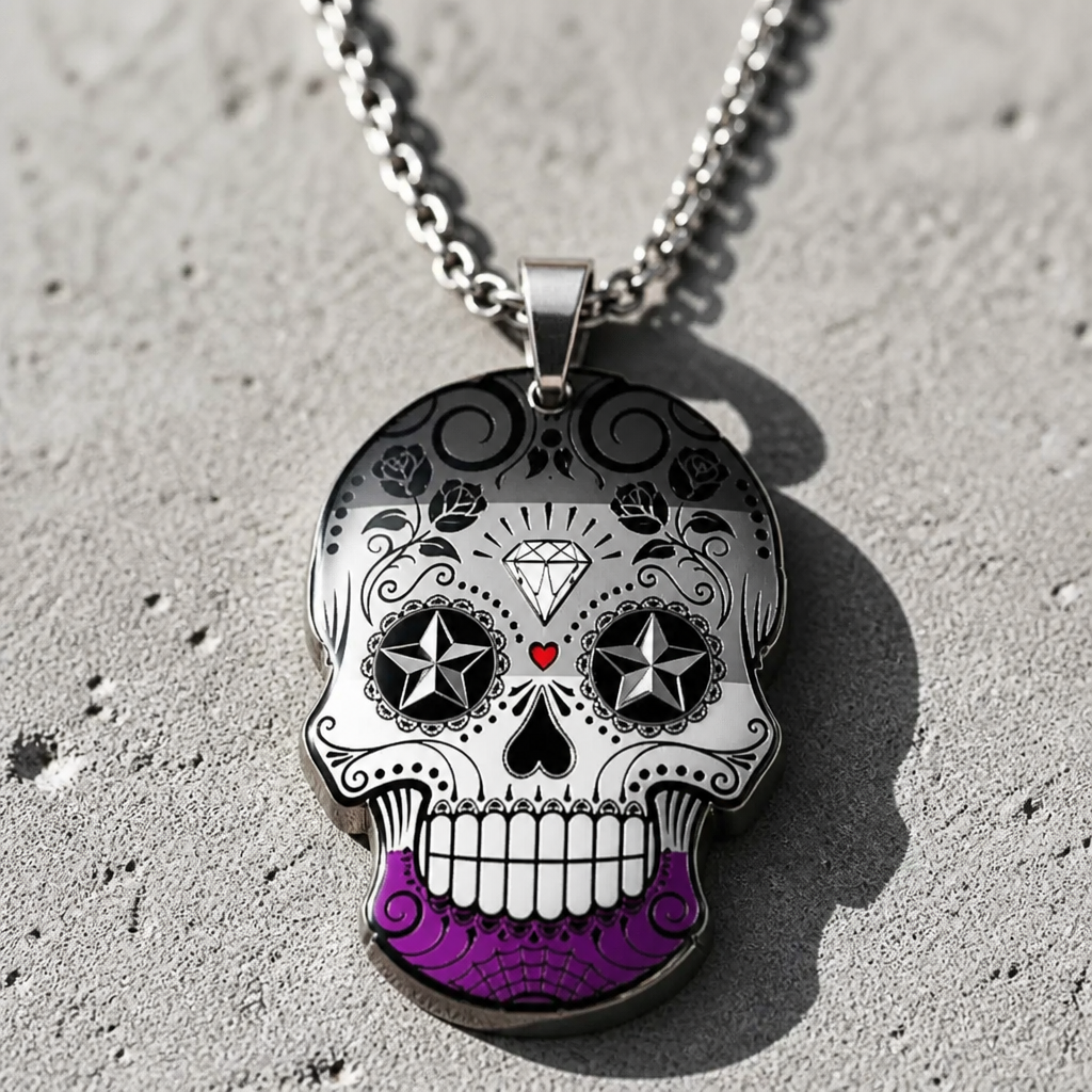 Asexual pride sugar skull pendant necklace with black white gray and purple decorative artwork on a concrete background