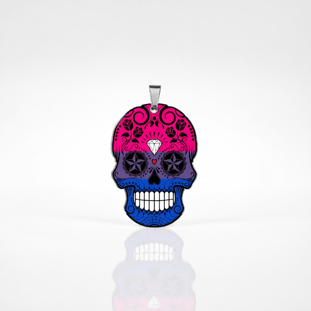 Bisexual pride sugar skull necklace with pink purple and blue decorative skull pendant
