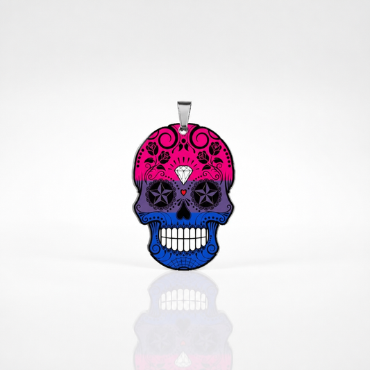 Bisexual pride sugar skull necklace with pink purple and blue decorative skull pendant