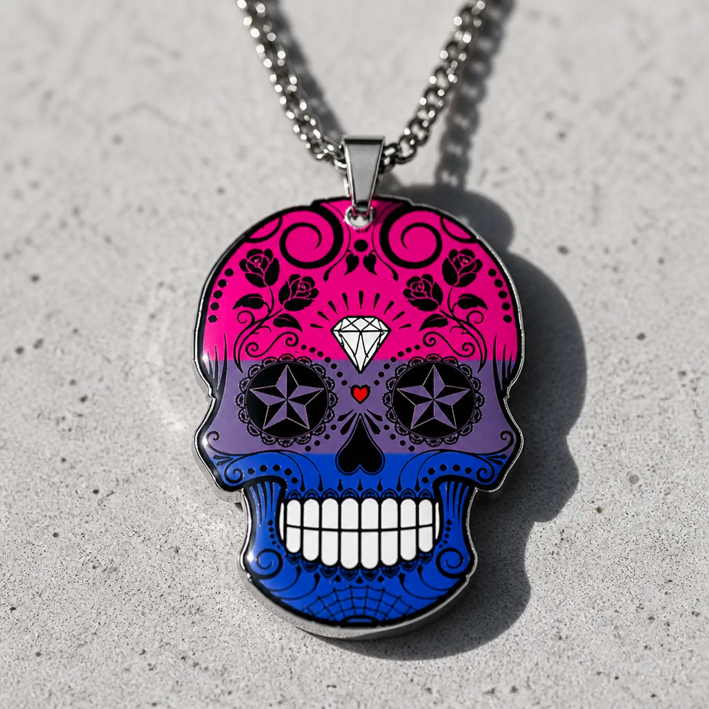 Bisexual pride sugar skull necklace with pink purple and blue decorative skull pendant on a concrete background