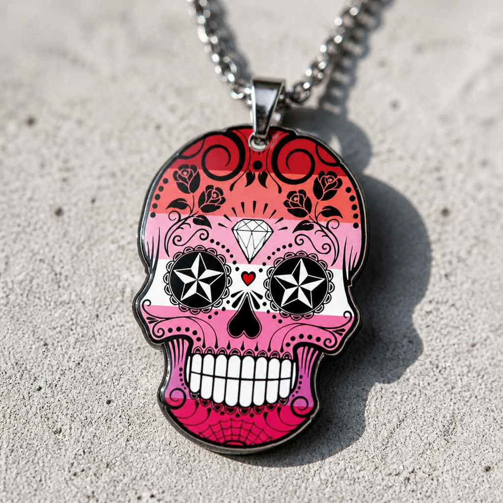 Lesbian pride sugar skull pendant necklace with sunset-inspired orange pink and white decorative skull artwork on a concrete background