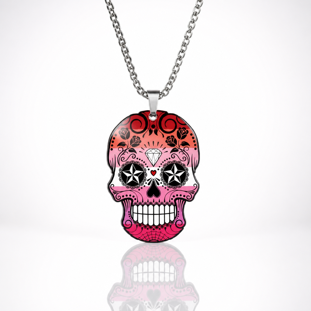 Lesbian pride sugar skull pendant necklace with sunset-inspired orange pink and white decorative skull artwork