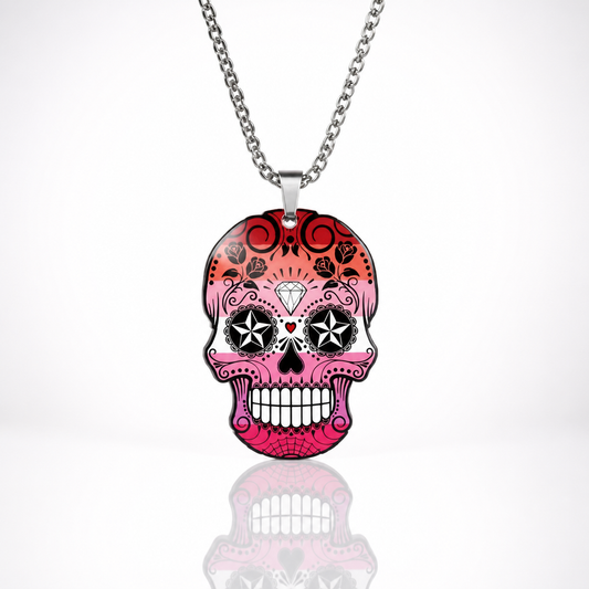Lesbian pride sugar skull pendant necklace with sunset-inspired orange pink and white decorative skull artwork