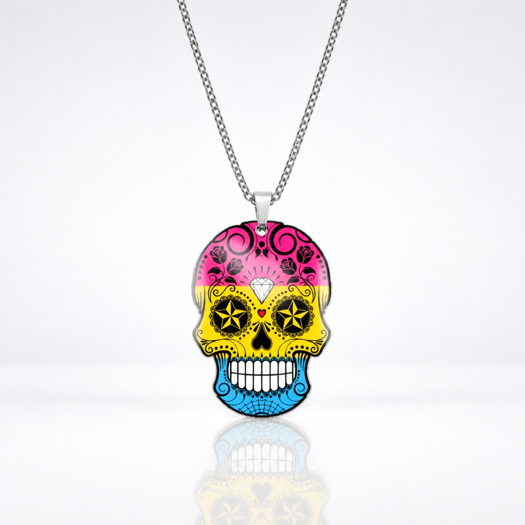 Pansexual pride sugar skull necklace with pink yellow and blue decorative skull pendant on stainless steel chain