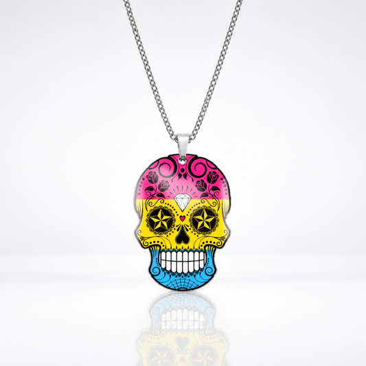 Pansexual pride sugar skull necklace with pink yellow and blue decorative skull pendant on stainless steel chain