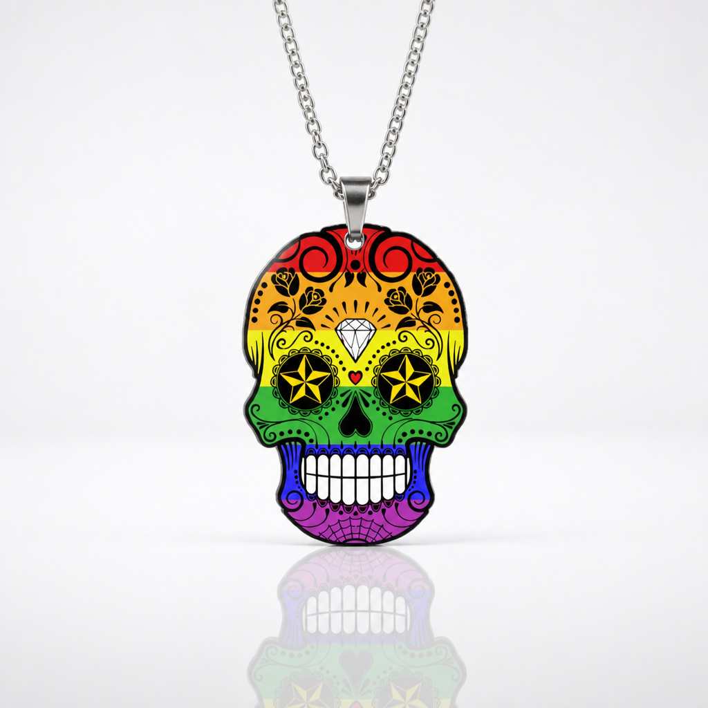 Rainbow pride sugar skull necklace with multicolor decorative skull pendant on stainless steel chain