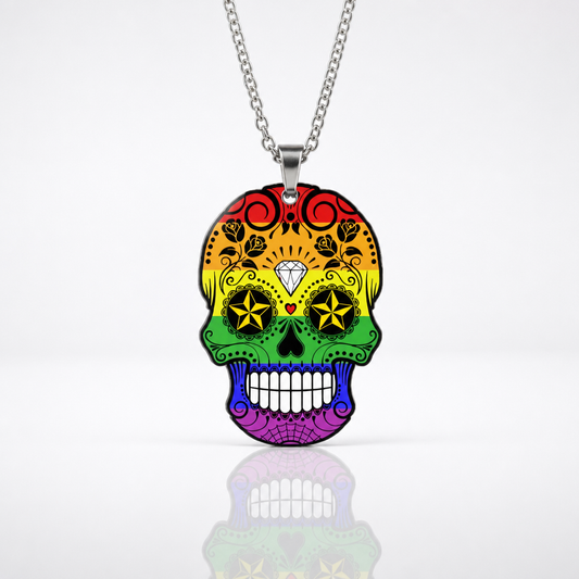 Rainbow pride sugar skull necklace with multicolor decorative skull pendant on stainless steel chain