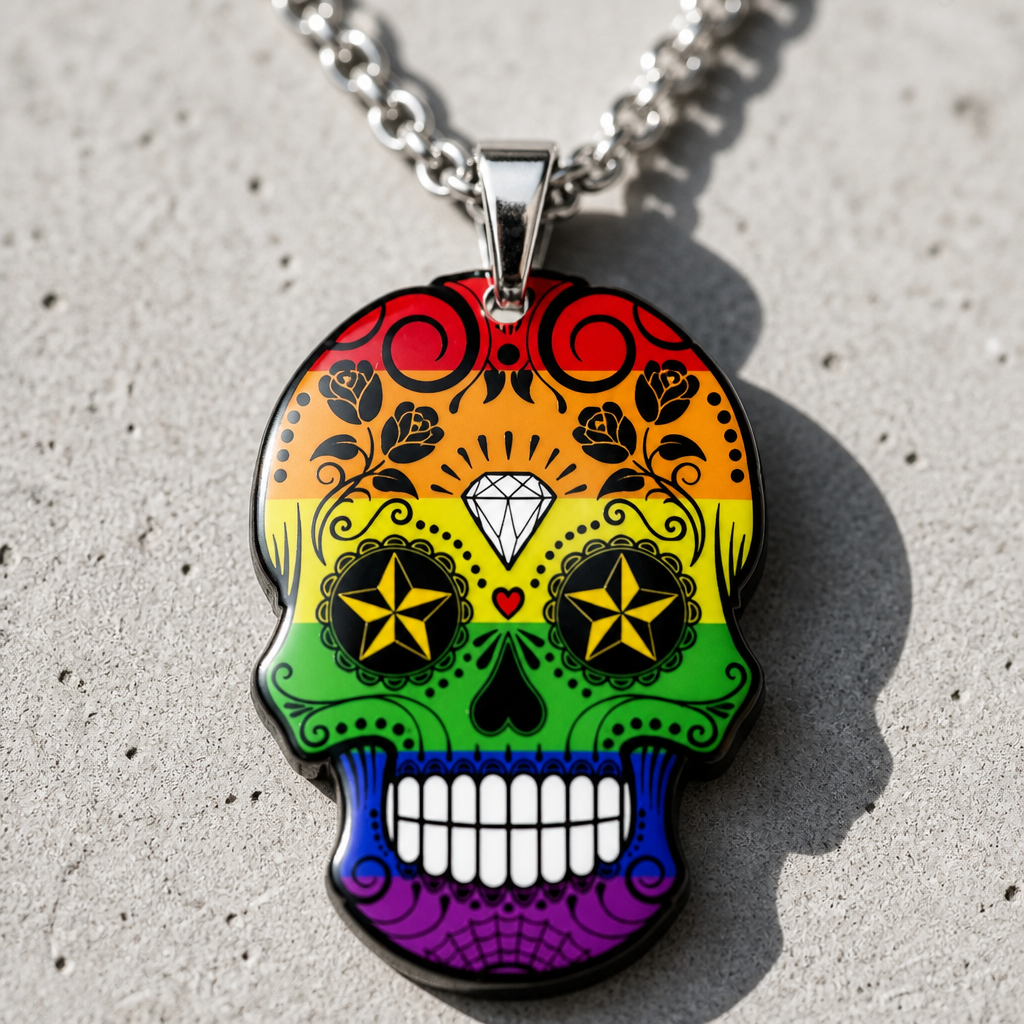 Rainbow pride sugar skull necklace with multicolor decorative skull pendant on stainless steel chain on a cement background
