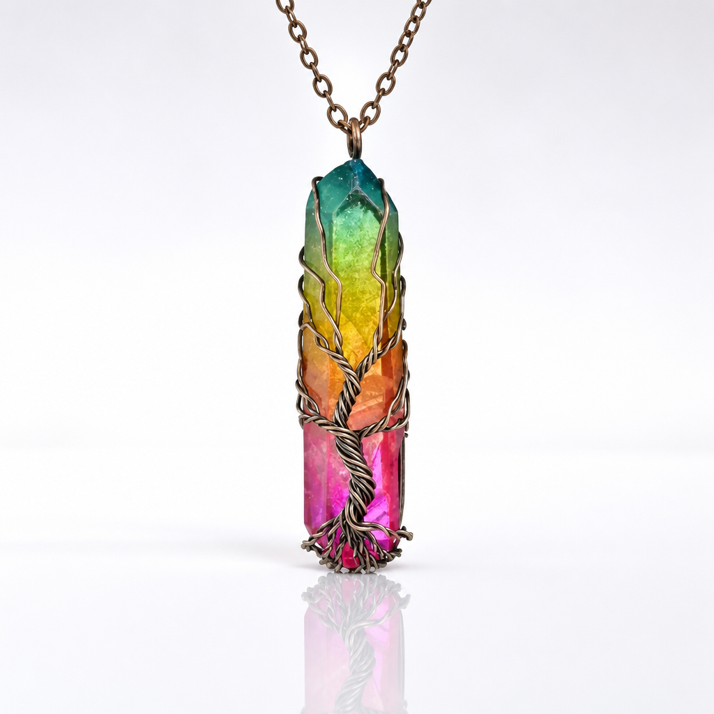 Rainbow quartz Tree of Life necklace with antique brass wire wrapping and colorful LGBTQ pride crystal pendant