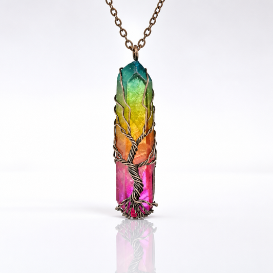 Rainbow quartz Tree of Life necklace with antique brass wire wrapping and colorful LGBTQ pride crystal pendant