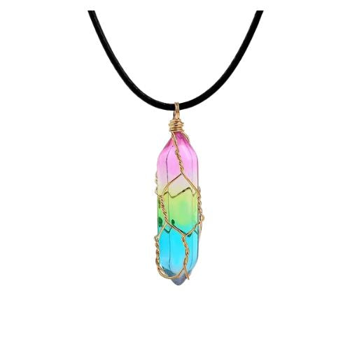 Rainbow quartz crystal pendant necklace with colorful LGBTQ pride rainbow coating and minimalist wire wrapping
