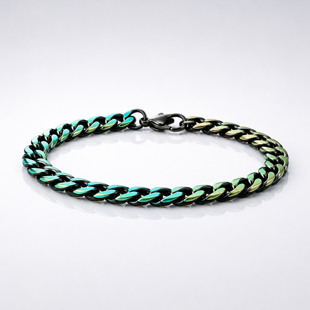 Chunky rainbow Cuban chain bracelet with iridescent stainless steel oil-slick finish