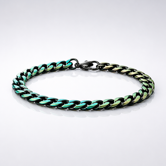 Chunky rainbow Cuban chain bracelet with iridescent stainless steel oil-slick finish
