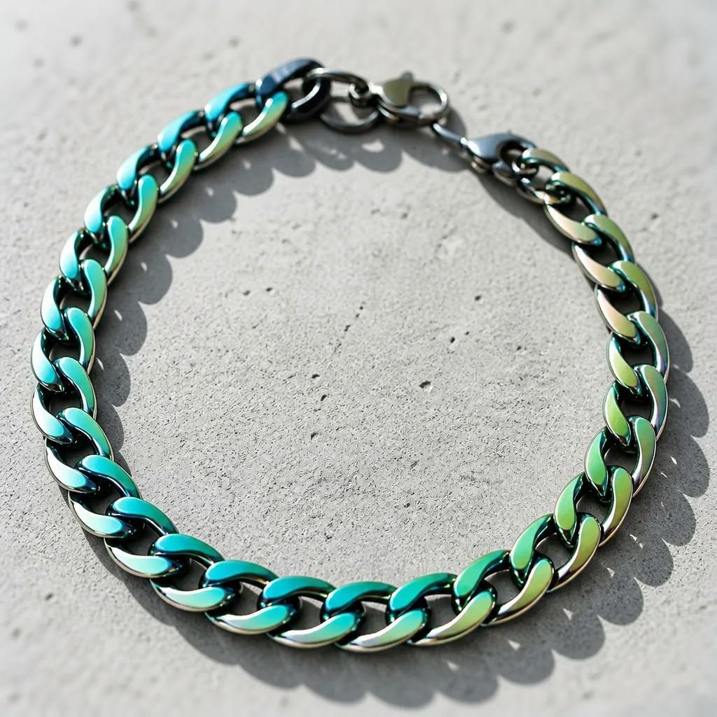 Chunky rainbow Cuban chain bracelet with iridescent stainless steel oil-slick finish on a concrete surface