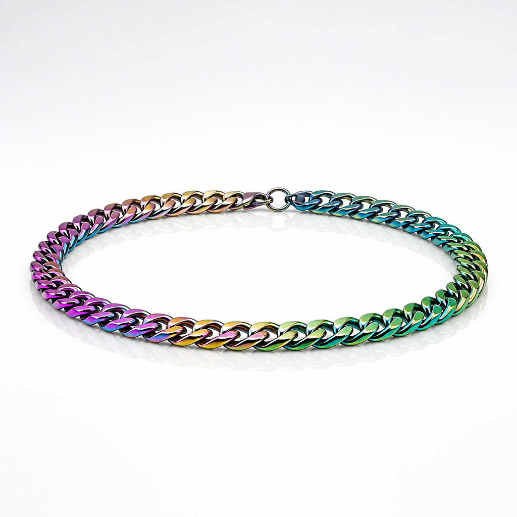 Chunky rainbow Cuban chain necklace with iridescent stainless steel oil-slick finish