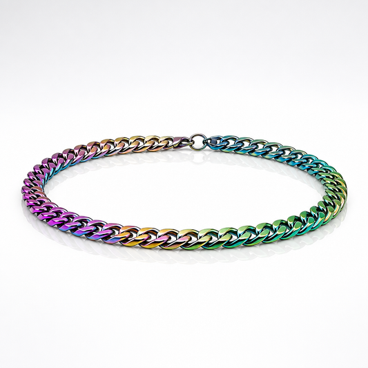 Chunky rainbow Cuban chain necklace with iridescent stainless steel oil-slick finish