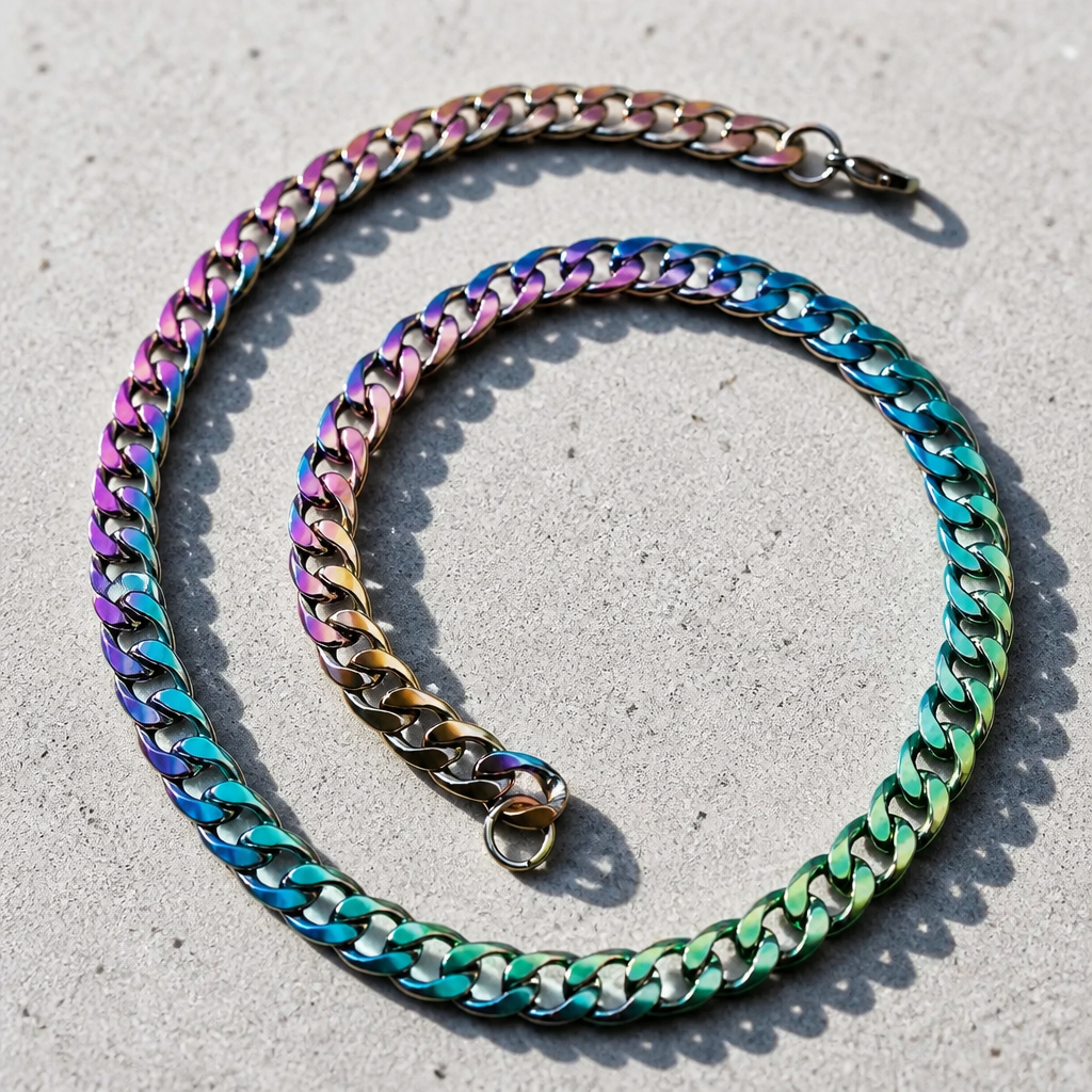 Chunky rainbow Cuban chain necklace with iridescent stainless steel oil-slick finish on a concrete surface