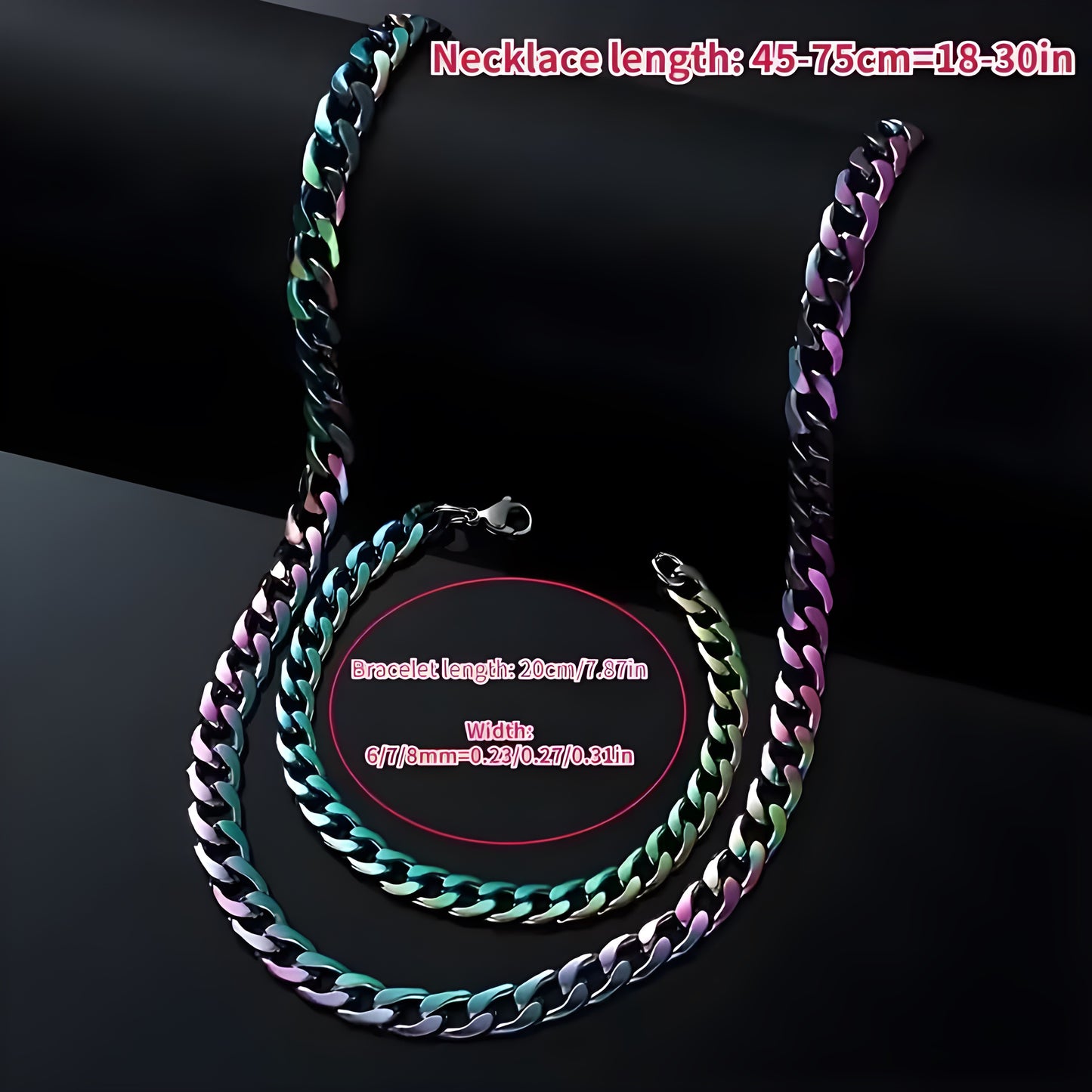 Chunky rainbow Cuban chain necklace with iridescent stainless steel oil-slick finish on a black background with measurements displayed