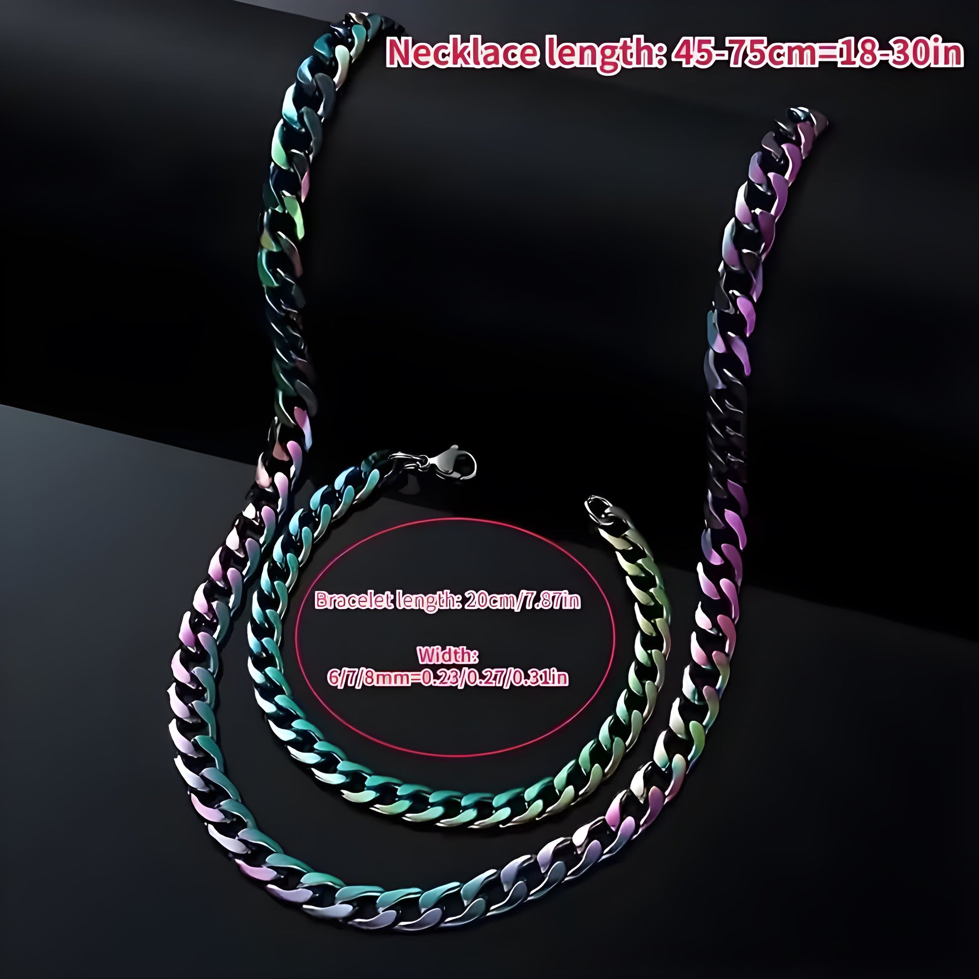 Chunky rainbow Cuban chain necklace with iridescent stainless steel oil-slick finish on a black background with measurements displayed