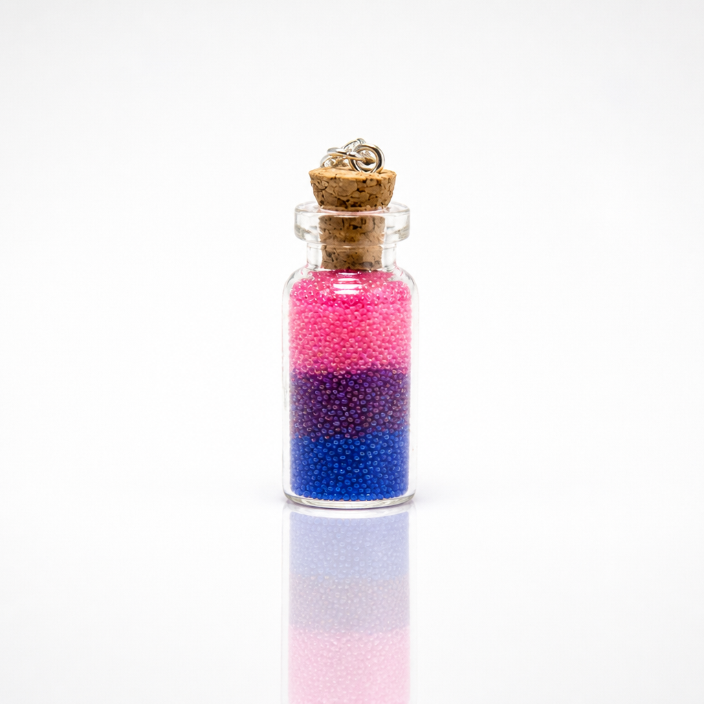 Bisexual pride bottle necklace with layered pink purple and blue micro-beads inside tiny glass bottle pendant