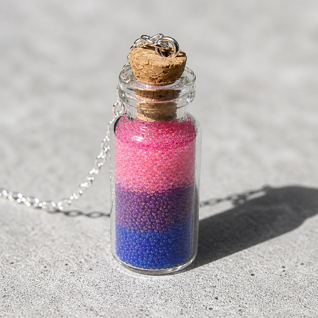 Bisexual pride bottle necklace with layered pink purple and blue micro-beads inside tiny glass bottle pendant on a concrete surface