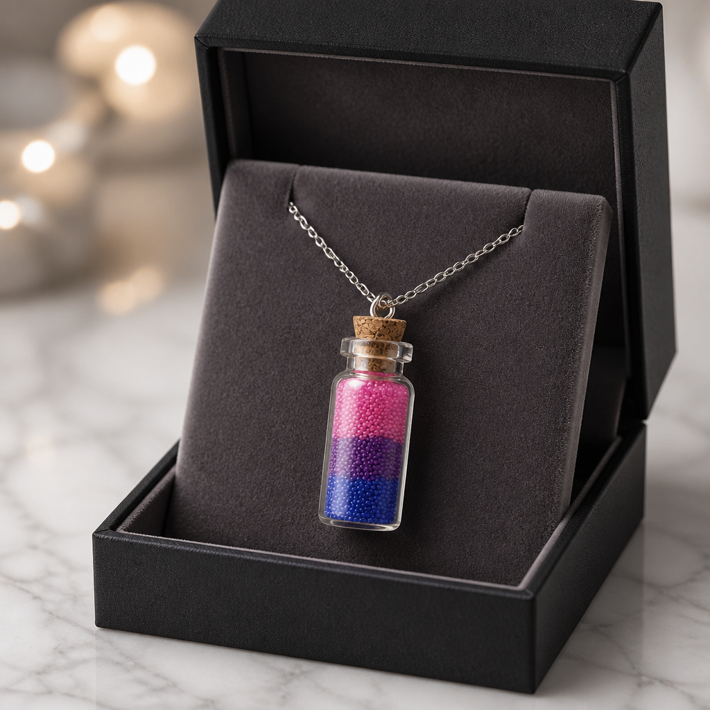 Bisexual pride bottle necklace with layered pink purple and blue micro-beads inside tiny glass bottle pendant in a jewelry box