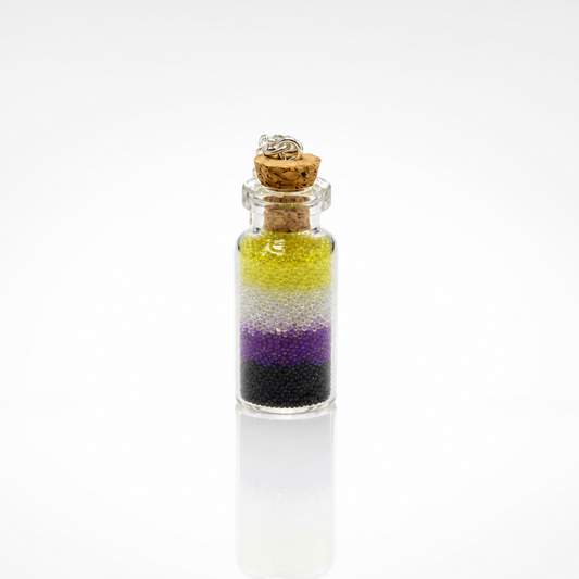 Nonbinary pride bottle necklace with layered yellow white purple and black micro-beads inside tiny glass bottle pendant