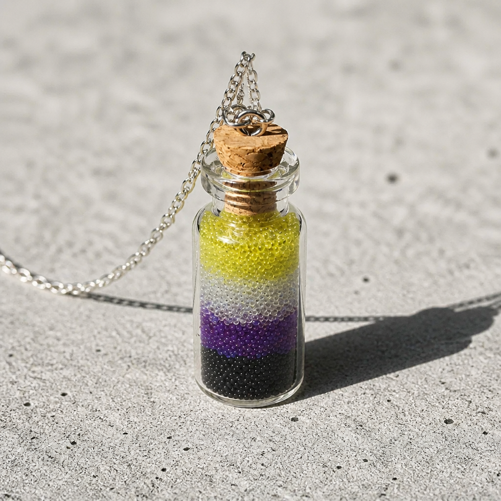 Nonbinary pride bottle necklace with layered yellow white purple and black micro-beads inside tiny glass bottle pendant on a concrete surface