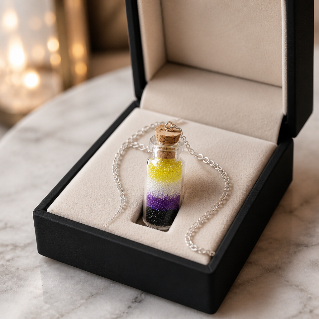 Nonbinary pride bottle necklace with layered yellow white purple and black micro-beads inside tiny glass bottle pendant in a jewelry box