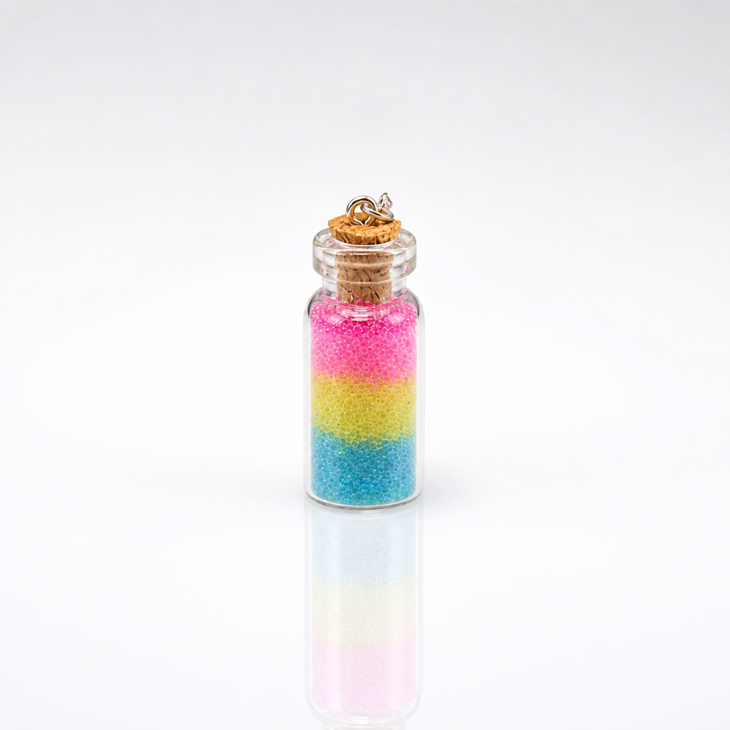 Pansexual pride bottle necklace with layered pink yellow and blue micro-beads inside glass vial pendant