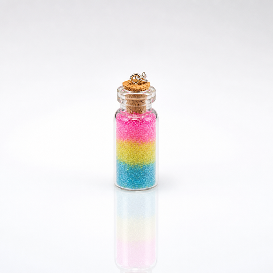 Pansexual pride bottle necklace with layered pink yellow and blue micro-beads inside glass vial pendant