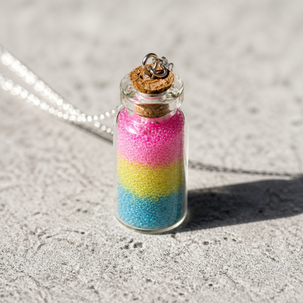 Pansexual pride bottle necklace with layered pink yellow and blue micro-beads inside glass vial pendant on a concrete surface